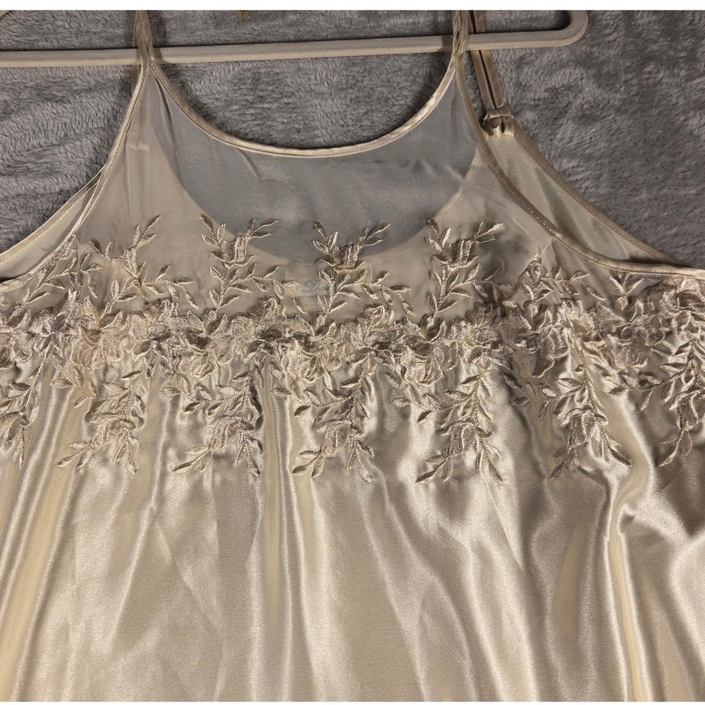 Dentelle Champagne Satin Nightgown Floral Embroidered Mesh Sleep Dress Large